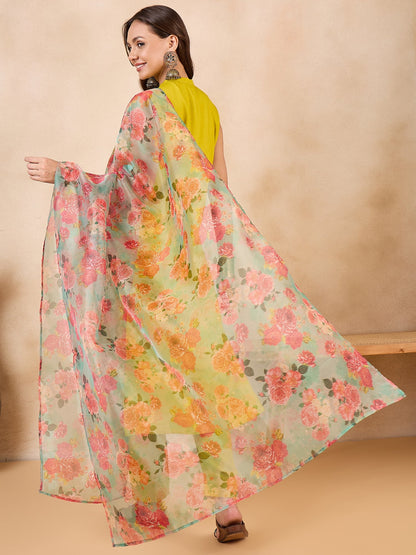 InWeave Pear Green Pink Floral Organza Dupatta - Distacart