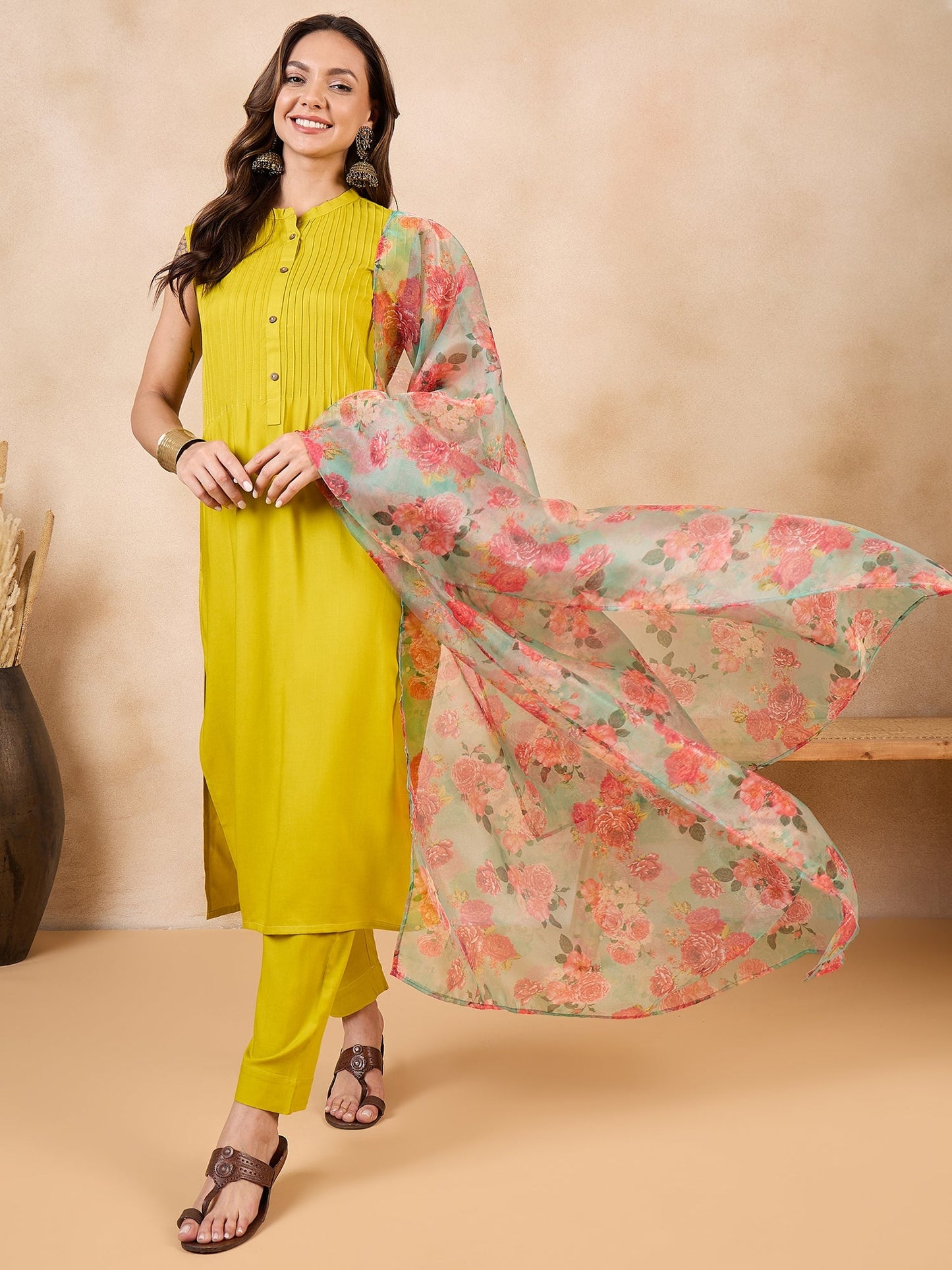 InWeave Pear Green Pink Floral Organza Dupatta - Distacart
