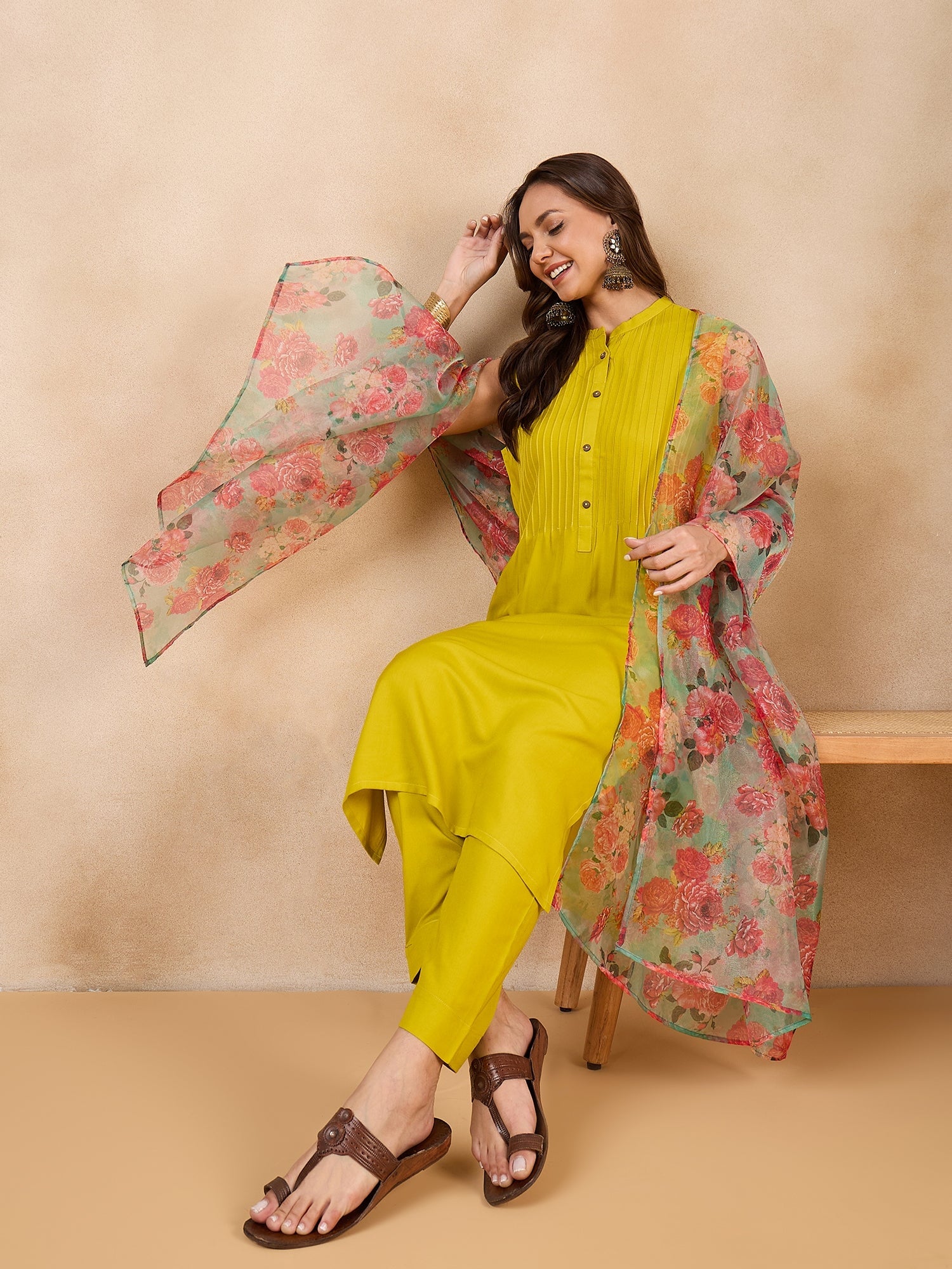 InWeave Pear Green Pink Floral Organza Dupatta - Distacart