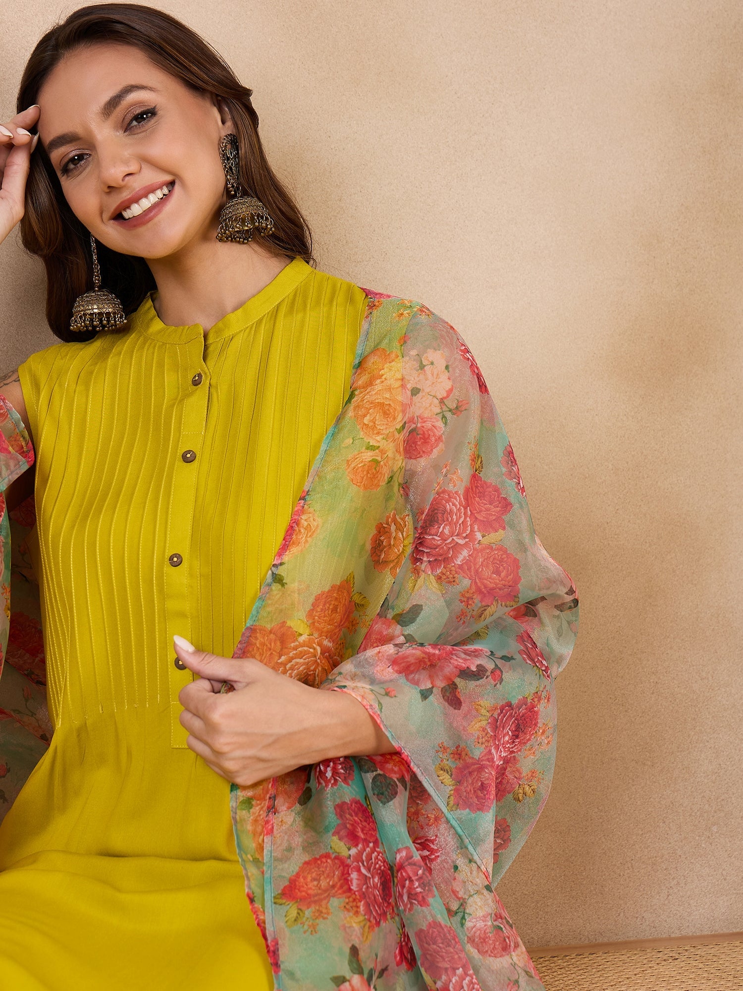 InWeave Pear Green Pink Floral Organza Dupatta - Distacart