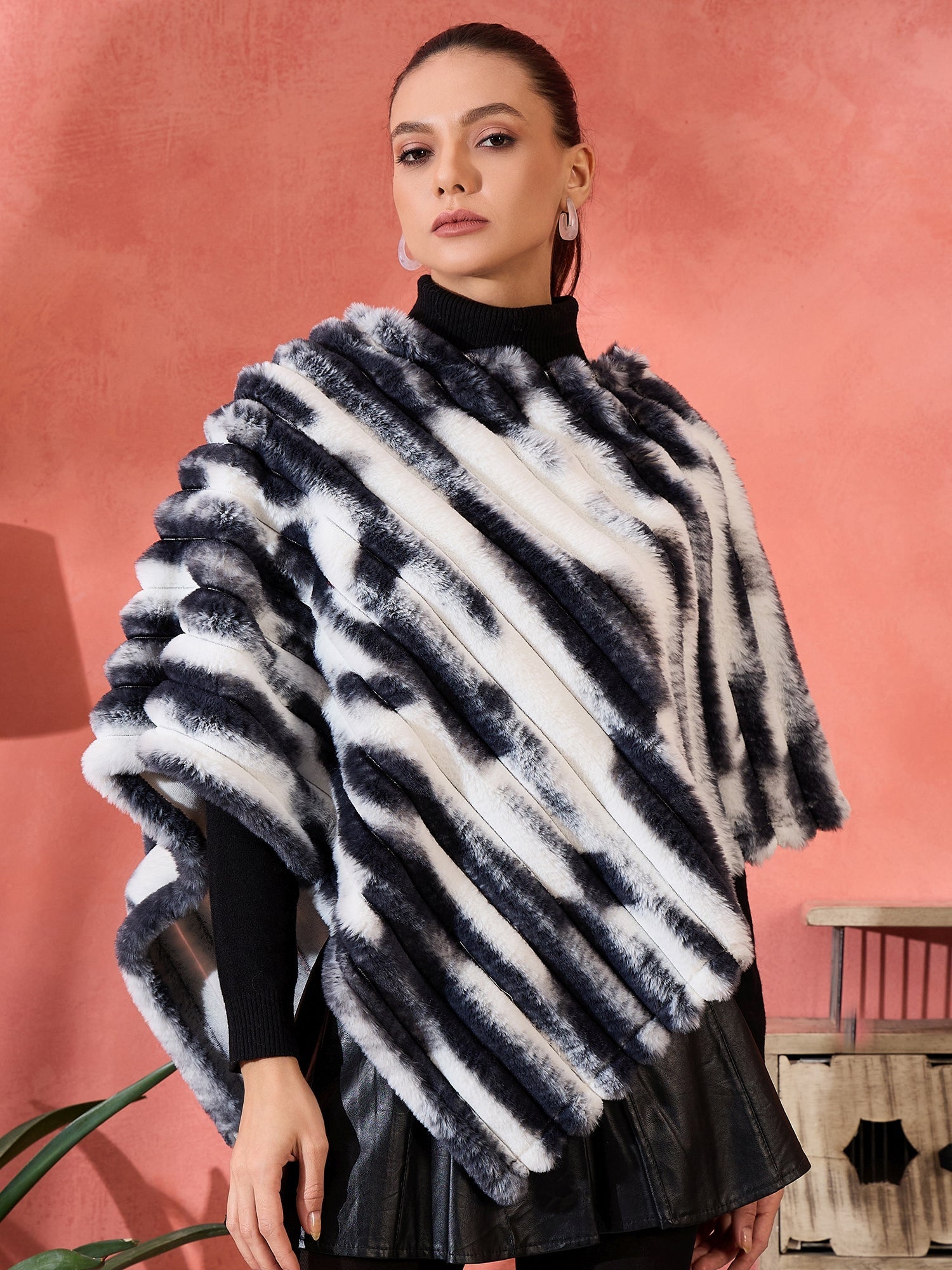 InWeave Black White Dye Rabbit Faux Fur Poncho - Distacart