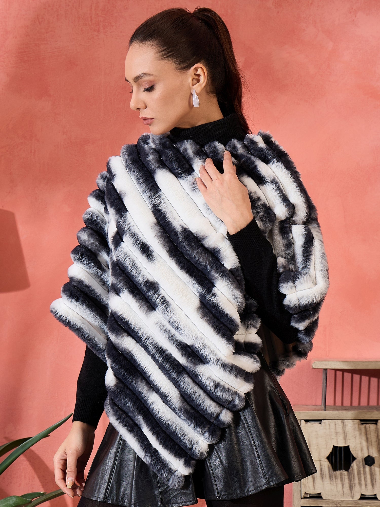 InWeave Black White Dye Rabbit Faux Fur Poncho - Distacart