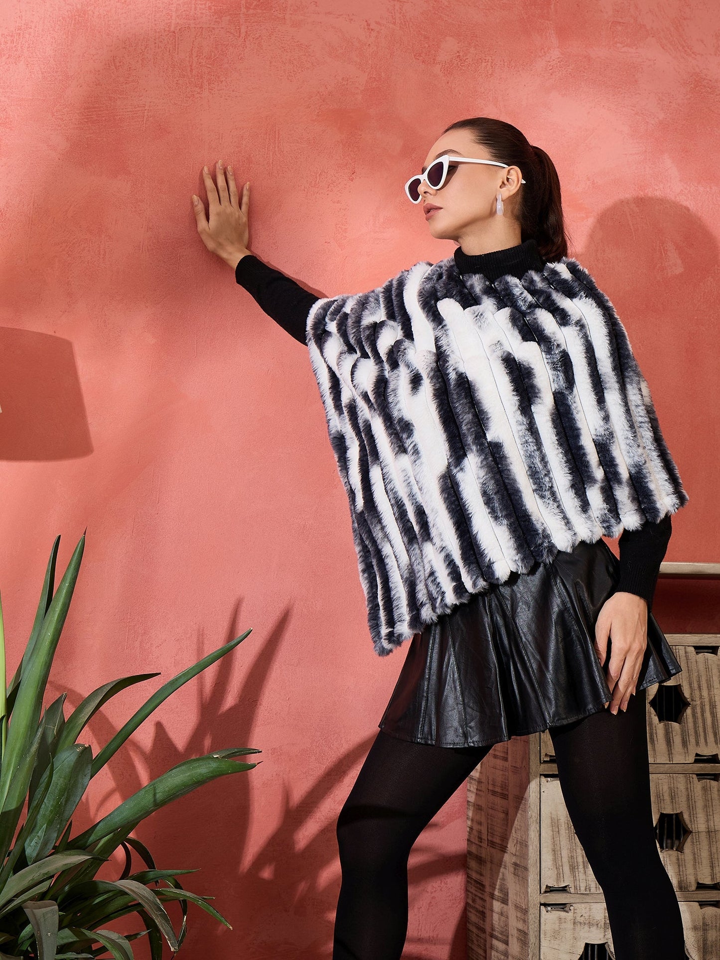 InWeave Black White Dye Rabbit Faux Fur Poncho - Distacart