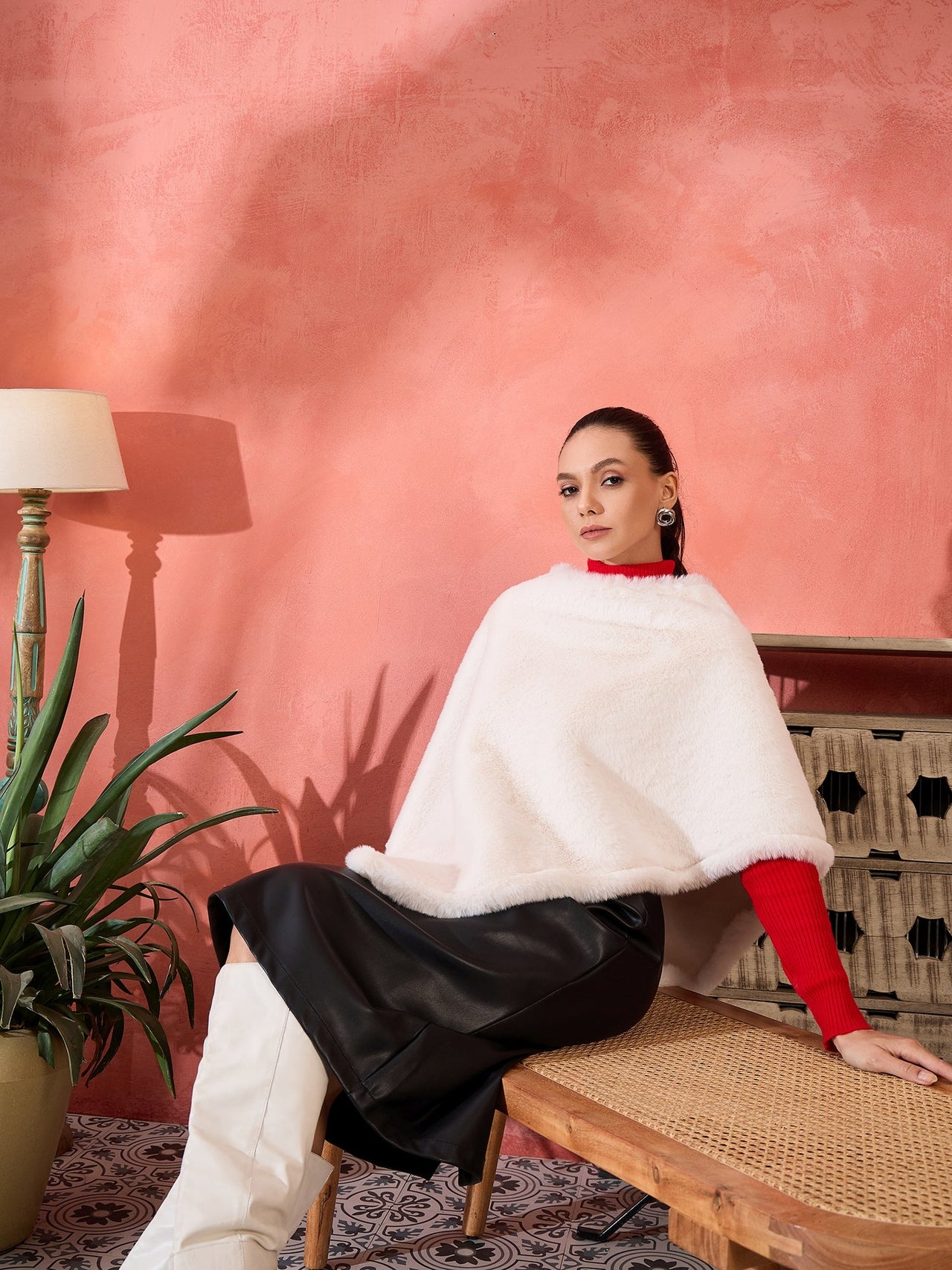 InWeave Cream Rabbit Faux Fur Poncho