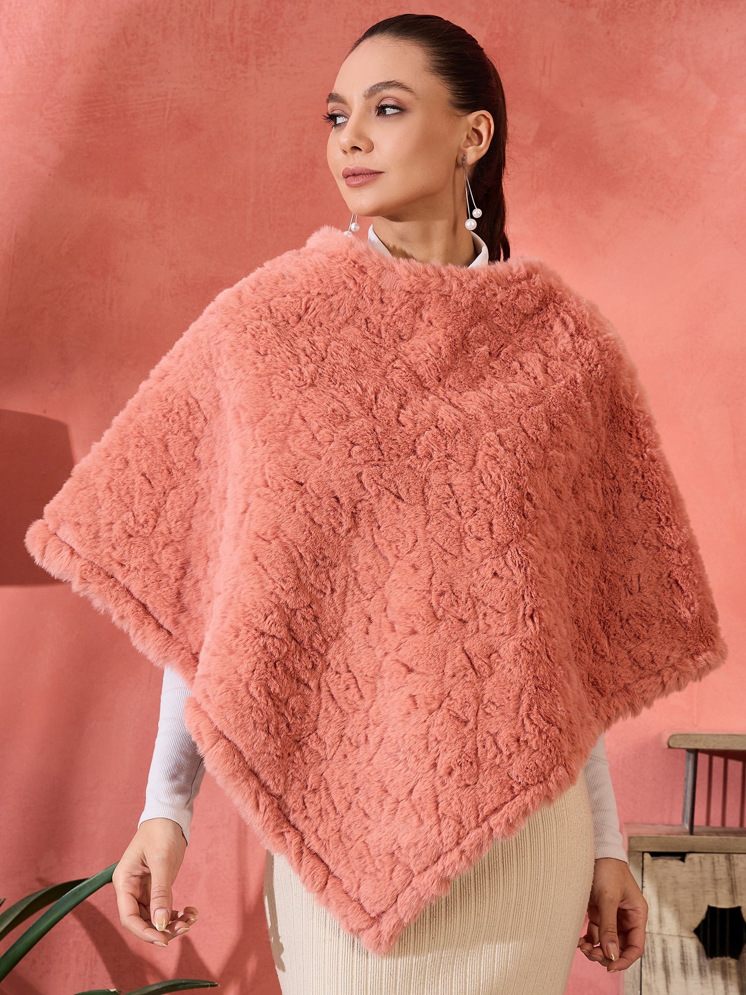 InWeave Coral Rabbit Faux Fur Poncho - Distacart