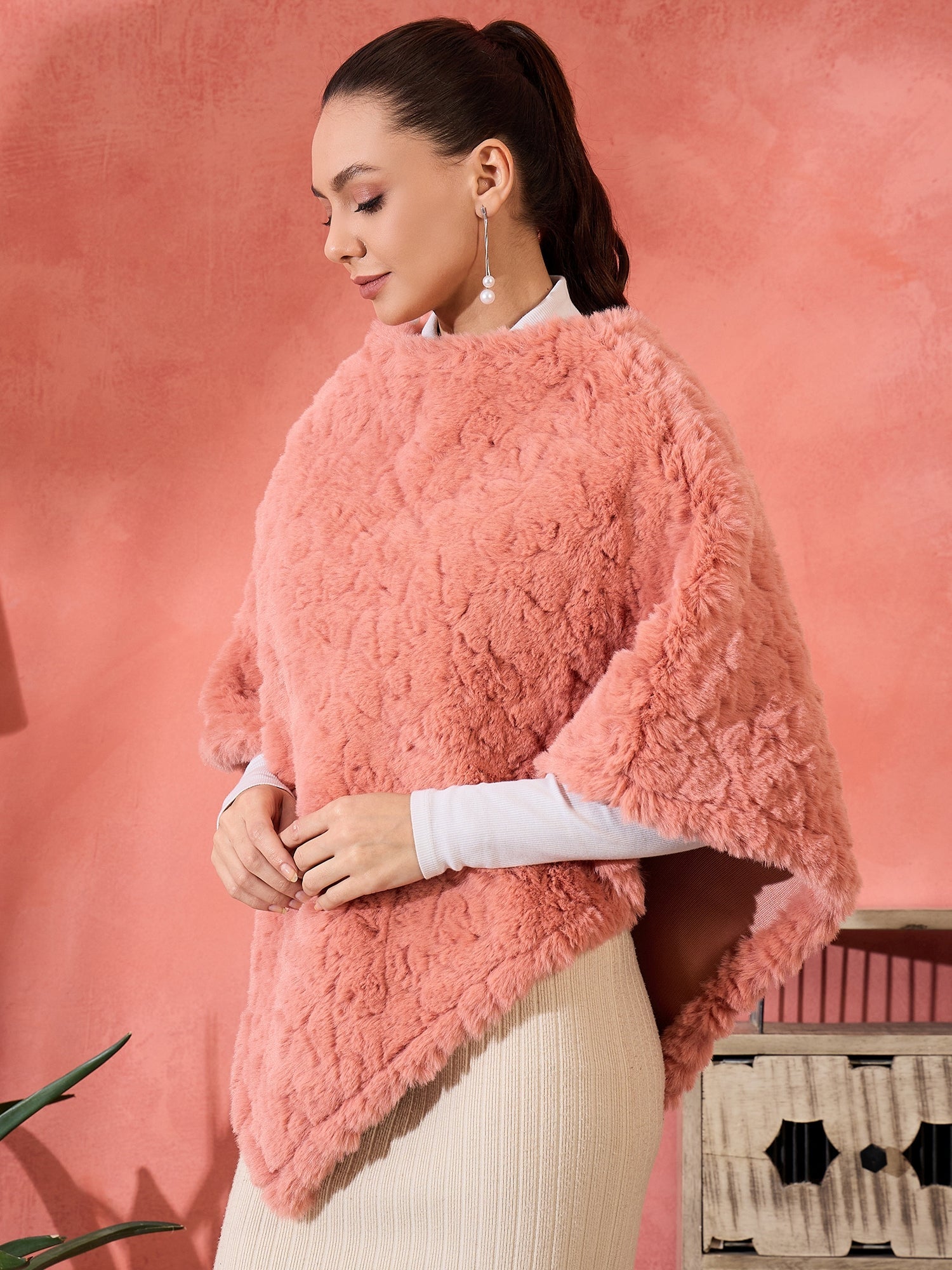 InWeave Coral Rabbit Faux Fur Poncho - Distacart