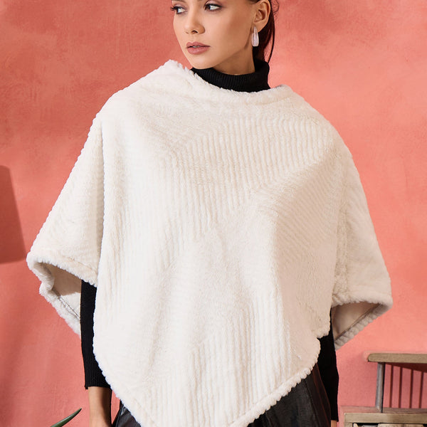 InWeave Cream Striped Rabbit Faux Fur Poncho - Distacart