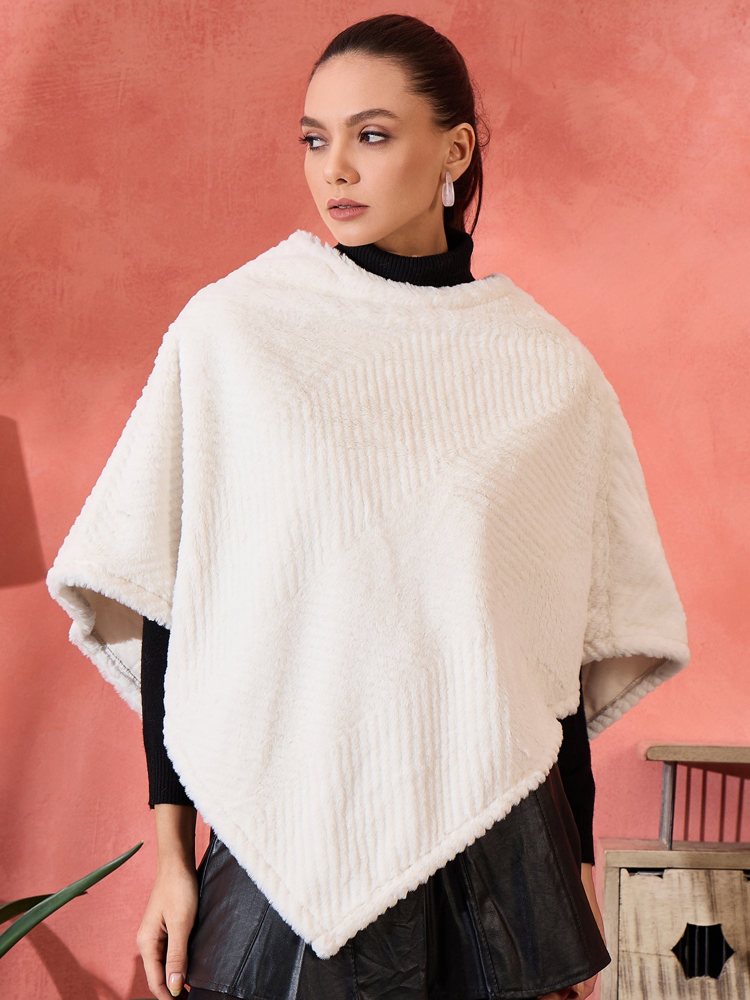 InWeave Cream Striped Rabbit Faux Fur Poncho - Distacart