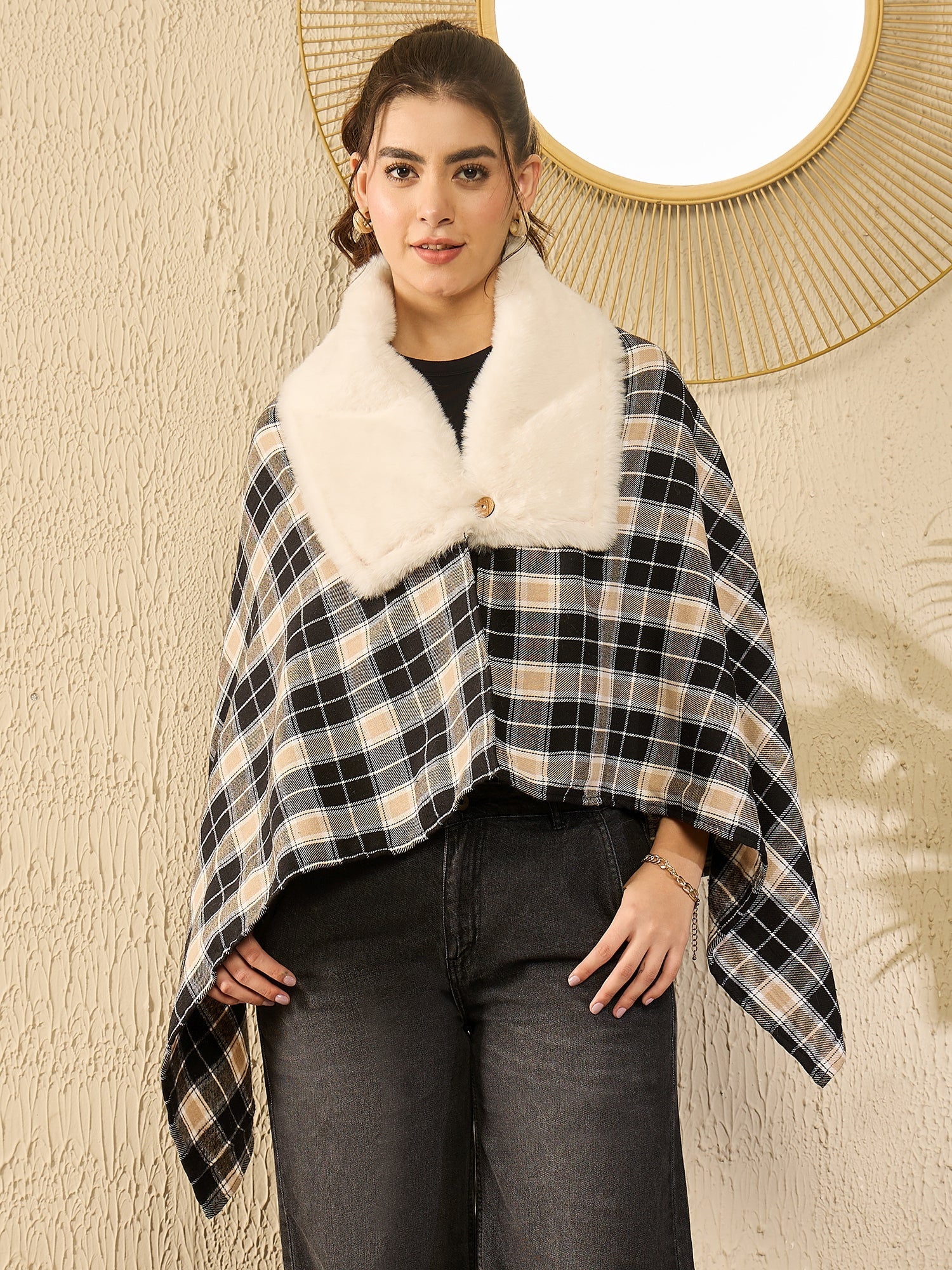InWeave Black Beige Check Cream Fur Poncho - Distacart
