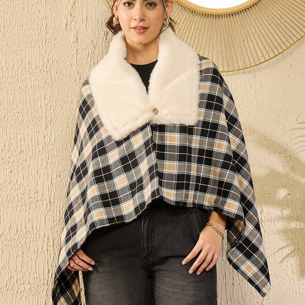 InWeave Black Beige Check Cream Fur Poncho - Distacart