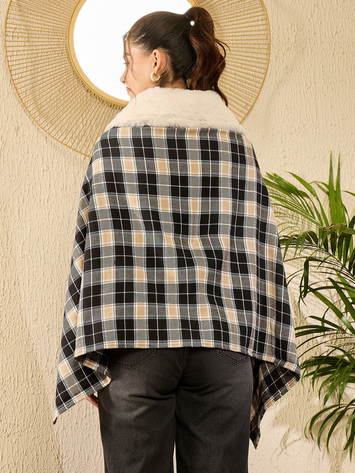 InWeave Black Beige Check Cream Fur Poncho - Distacart