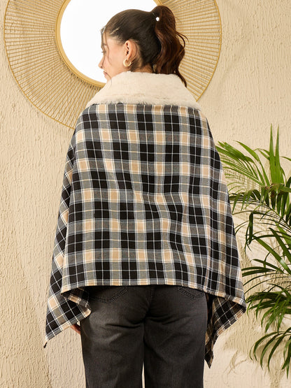 InWeave Black Beige Check Cream Fur Poncho - Distacart