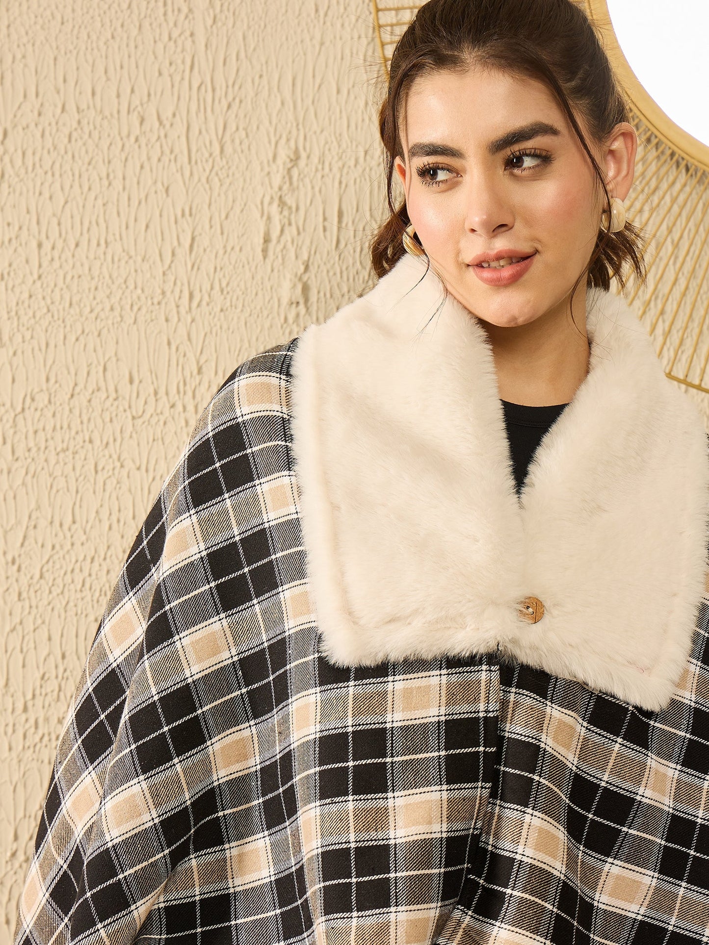 InWeave Black Beige Check Cream Fur Poncho - Distacart