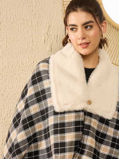 InWeave Black Beige Check Cream Fur Poncho - Distacart
