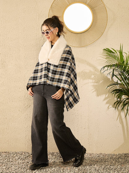 InWeave Black Beige Check Cream Fur Poncho - Distacart