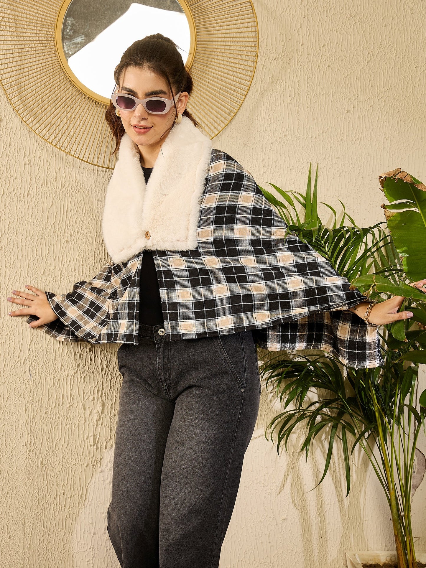 InWeave Black Beige Check Cream Fur Poncho - Distacart