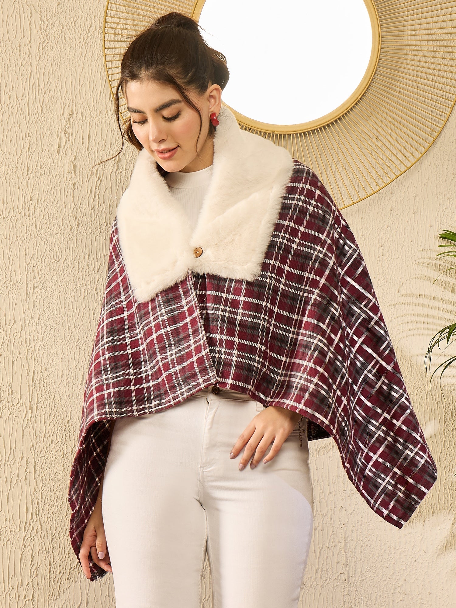 InWeave Burgundy Grey Check Cream Fur Poncho - Distacart