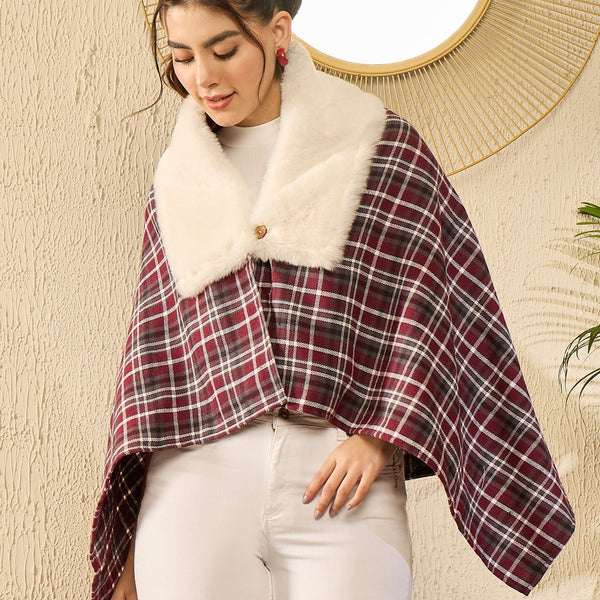 InWeave Burgundy Grey Check Cream Fur Poncho - Distacart