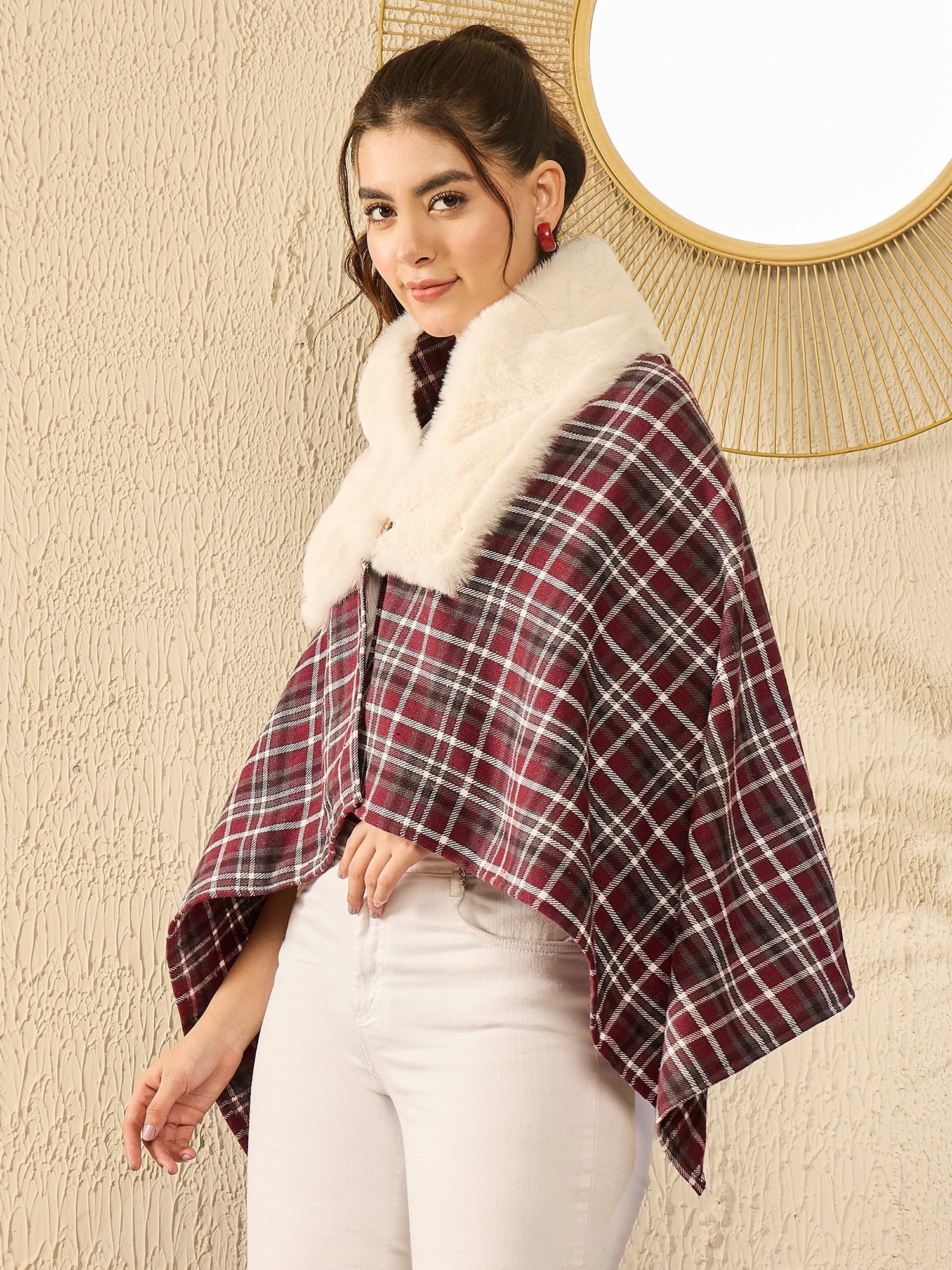 InWeave Burgundy Grey Check Cream Fur Poncho - Distacart