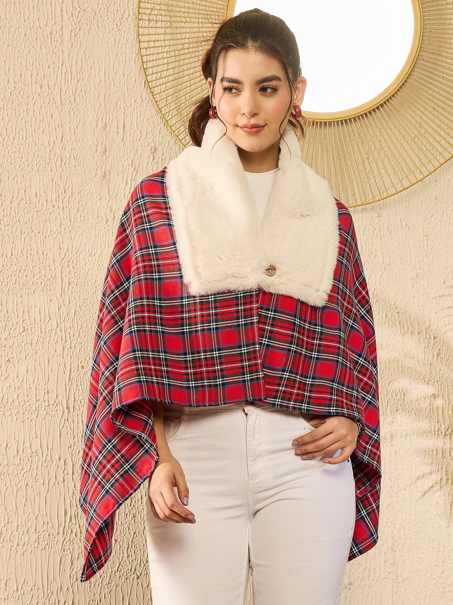 InWeave Red Green Check Cream Fur Poncho - Distacart