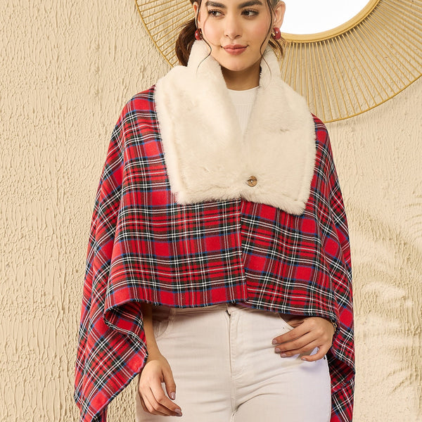 InWeave Red Green Check Cream Fur Poncho - Distacart