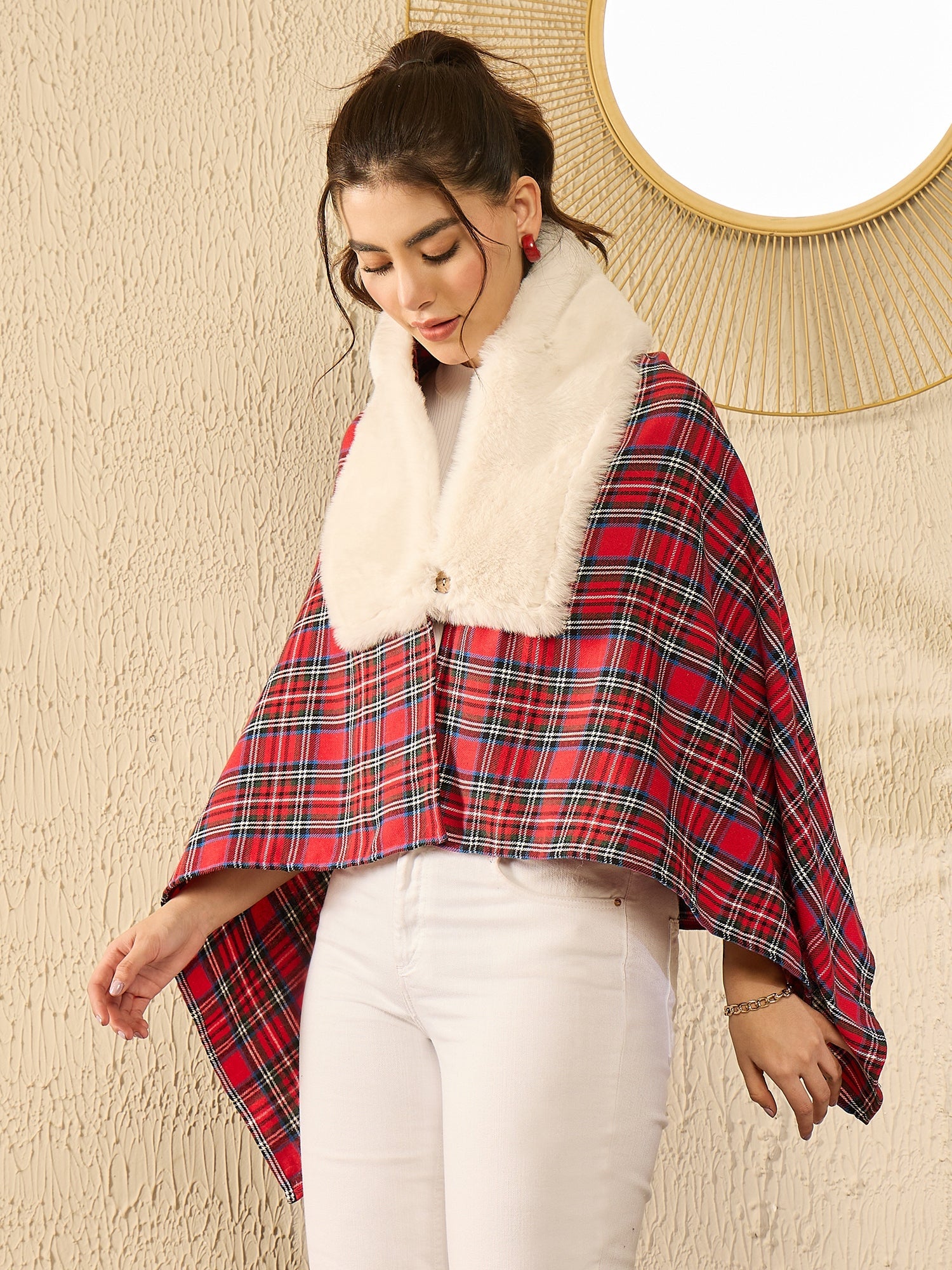 InWeave Red Green Check Cream Fur Poncho - Distacart