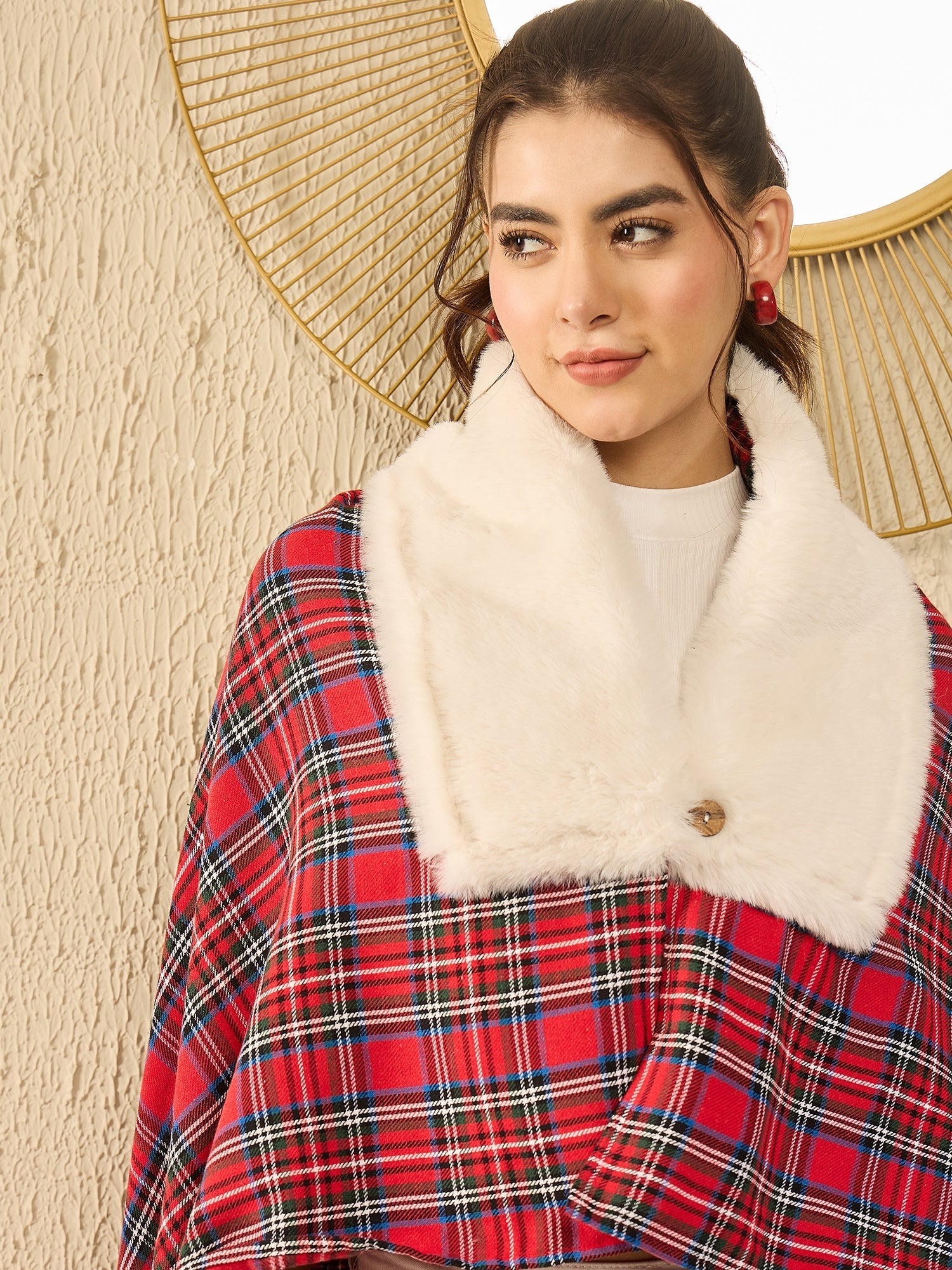 InWeave Red Green Check Cream Fur Poncho - Distacart