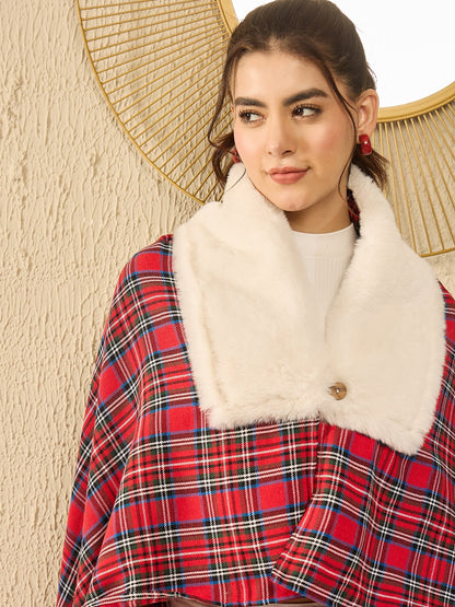 InWeave Red Green Check Cream Fur Poncho - Distacart