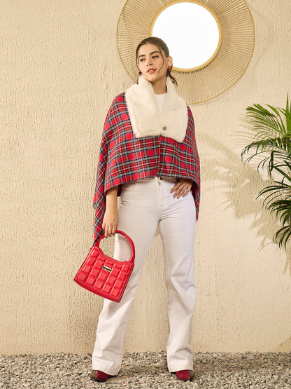 InWeave Red Green Check Cream Fur Poncho - Distacart