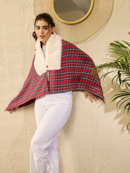 InWeave Red Green Check Cream Fur Poncho - Distacart
