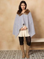 Thumbnail for InWeave Blue White Check Acrylic Fur Poncho