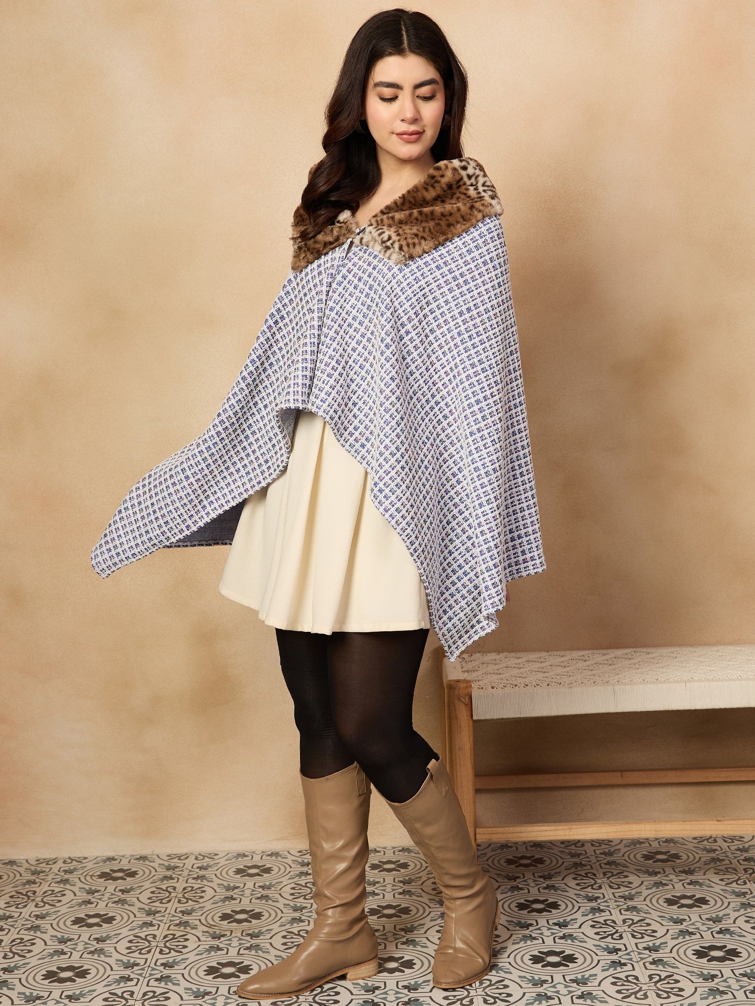 InWeave Blue White Check Acrylic Fur Poncho - Distacart