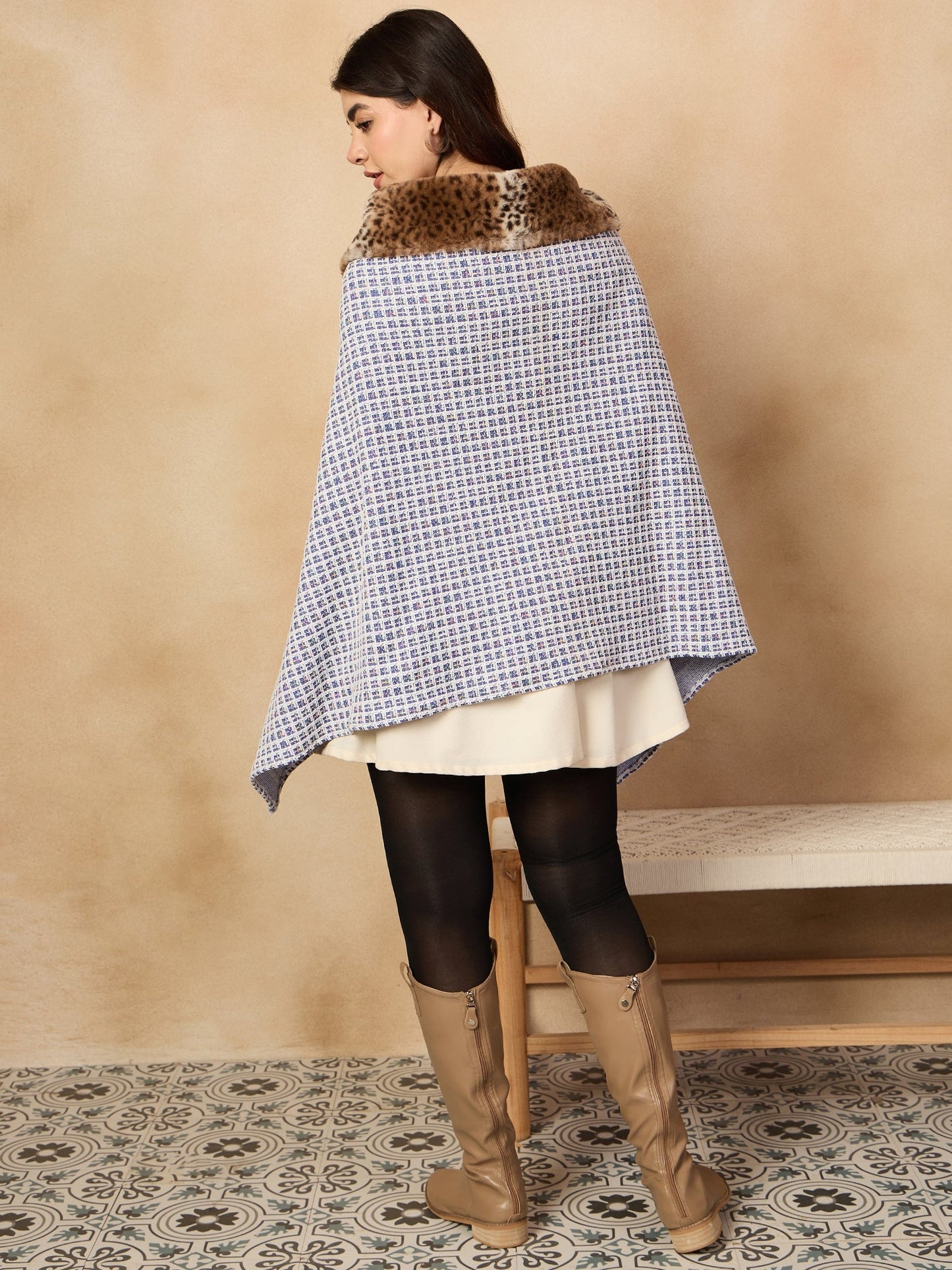 InWeave Blue White Check Acrylic Fur Poncho - Distacart