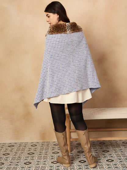 InWeave Blue White Check Acrylic Fur Poncho - Distacart