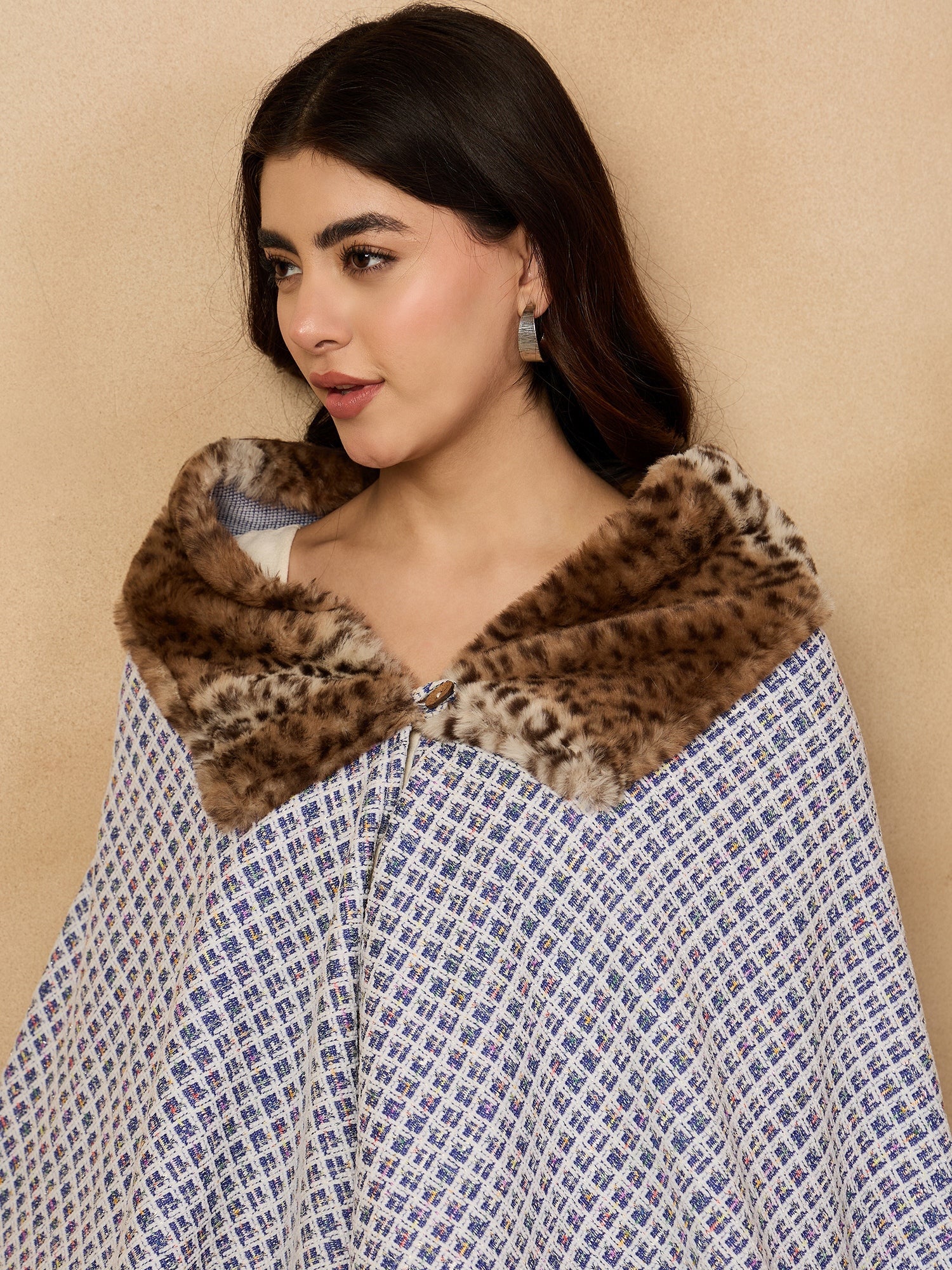 InWeave Blue White Check Acrylic Fur Poncho - Distacart