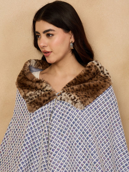 InWeave Blue White Check Acrylic Fur Poncho - Distacart