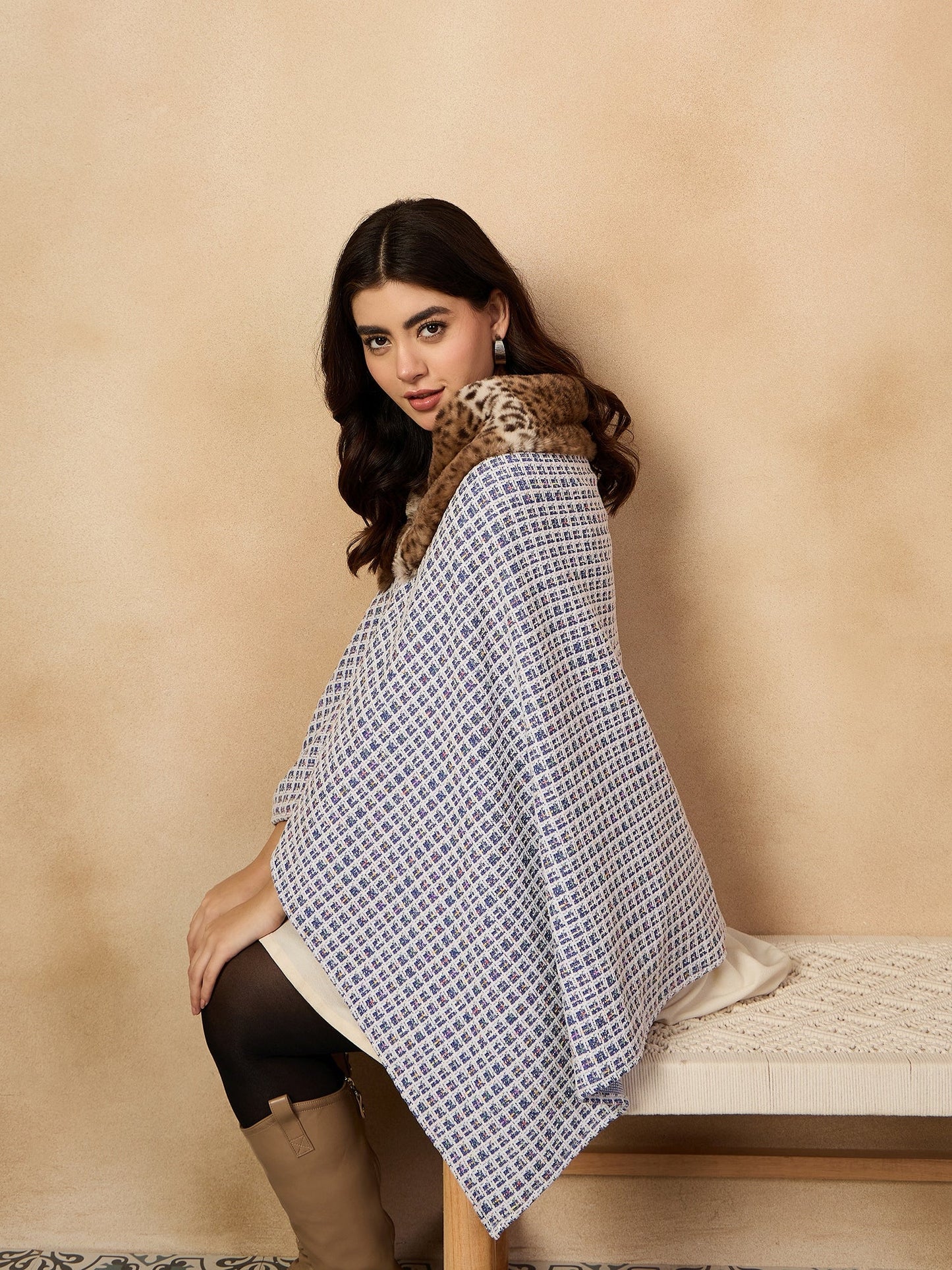 InWeave Blue White Check Acrylic Fur Poncho - Distacart