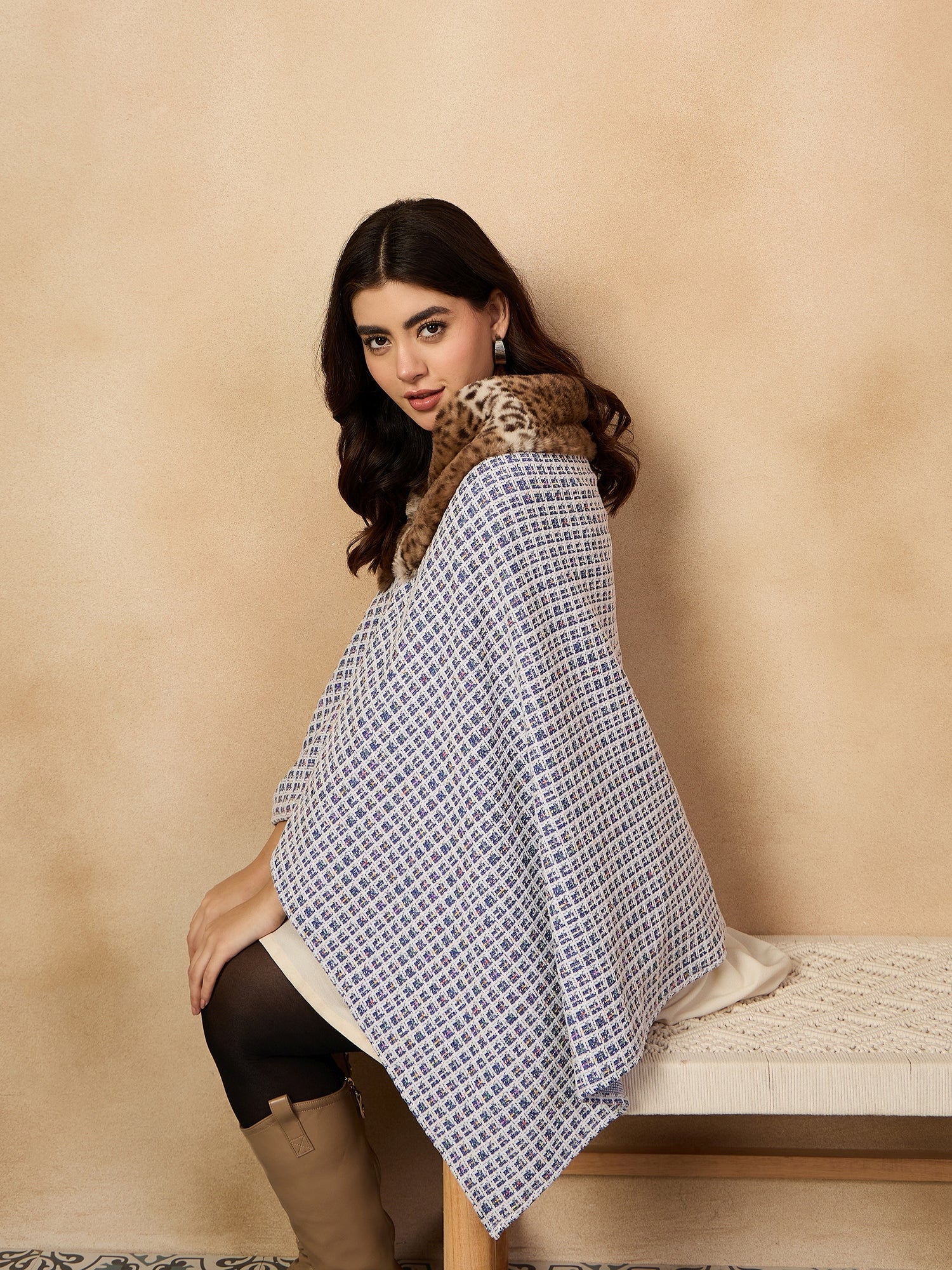 InWeave Blue White Check Acrylic Fur Poncho - Distacart