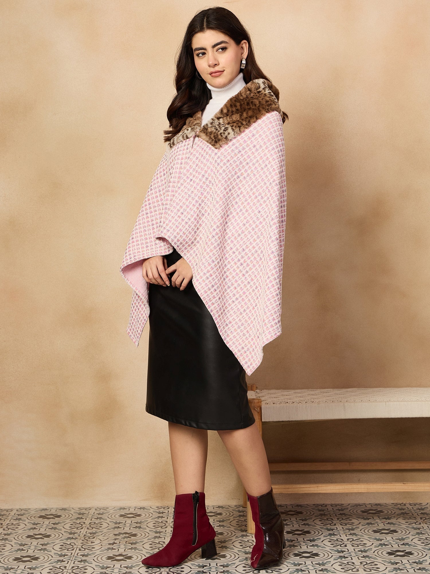 InWeave Pink White Check Acrylic Fur Poncho - Distacart