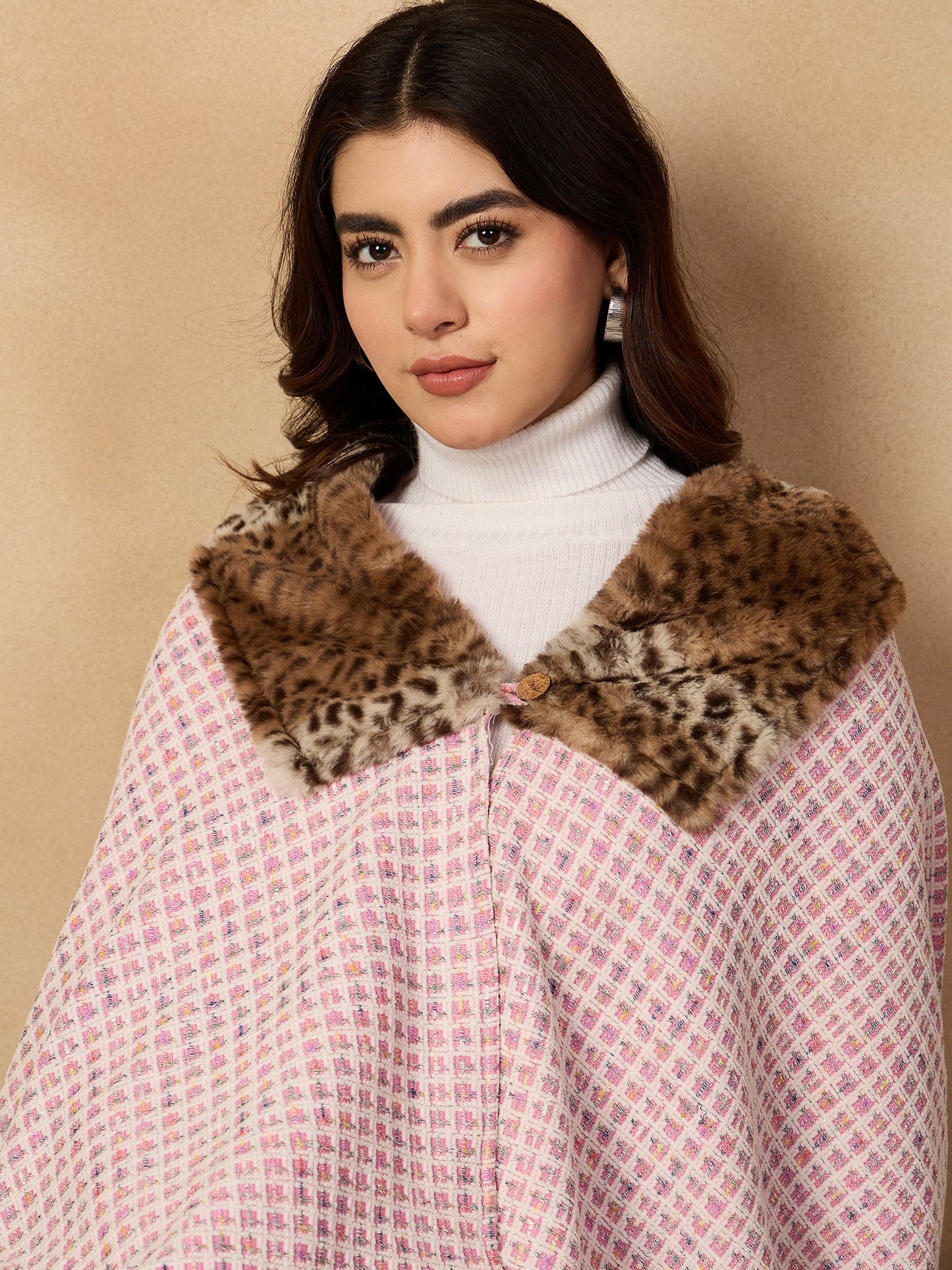 InWeave Pink White Check Acrylic Fur Poncho - Distacart