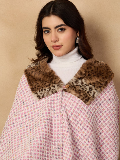 InWeave Pink White Check Acrylic Fur Poncho - Distacart