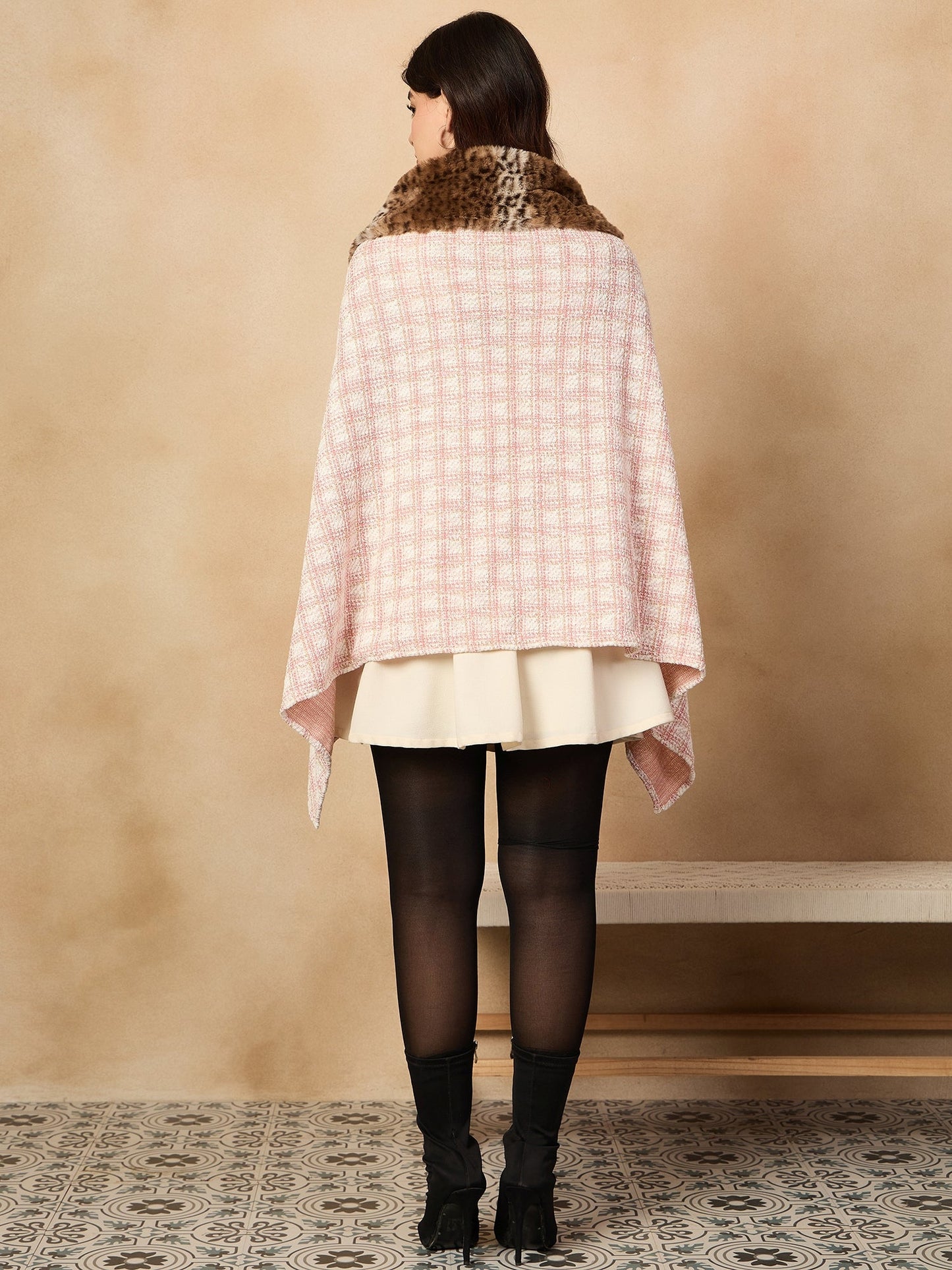 InWeave Peach White Big Check Acrylic Fur Poncho - Distacart