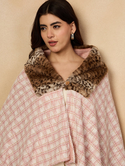 InWeave Peach White Big Check Acrylic Fur Poncho - Distacart