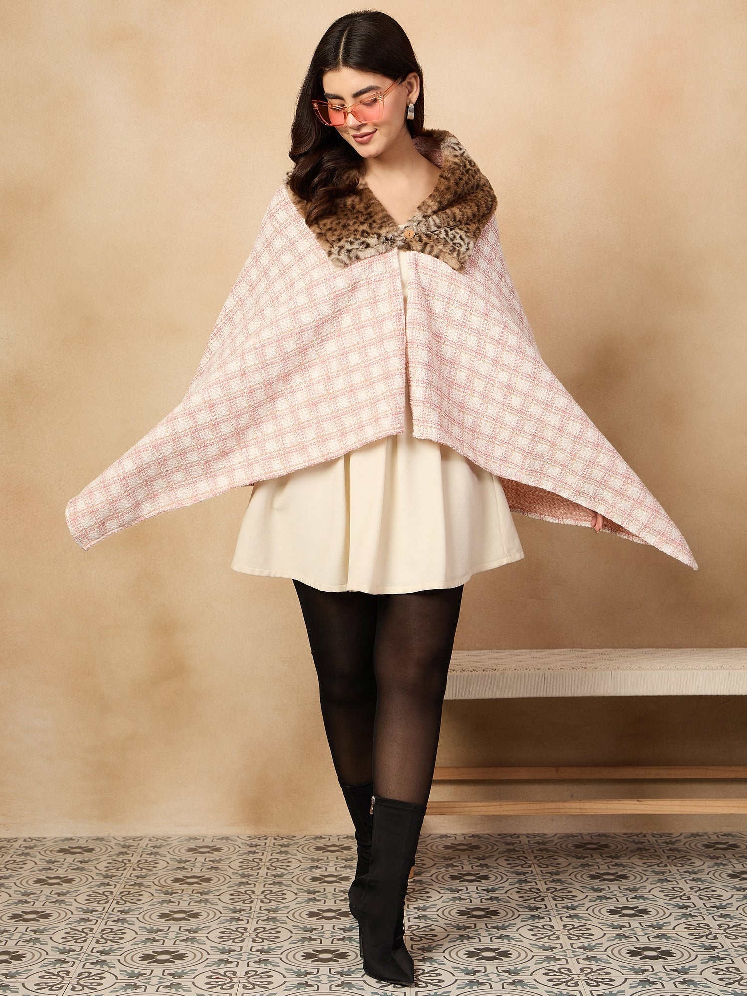 InWeave Peach White Big Check Acrylic Fur Poncho - Distacart