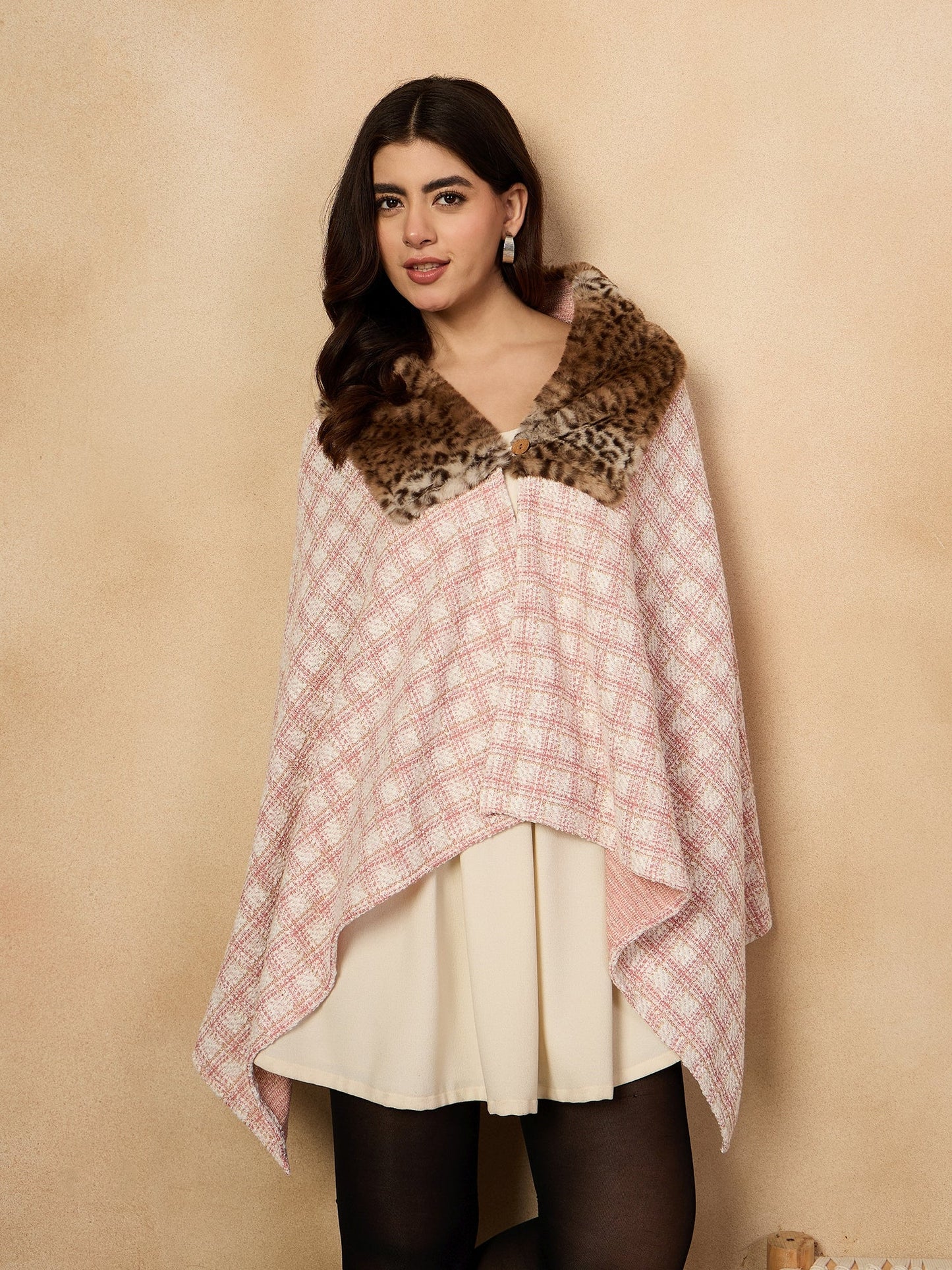 InWeave Peach White Big Check Acrylic Fur Poncho - Distacart