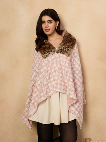 InWeave Peach White Big Check Acrylic Fur Poncho - Distacart