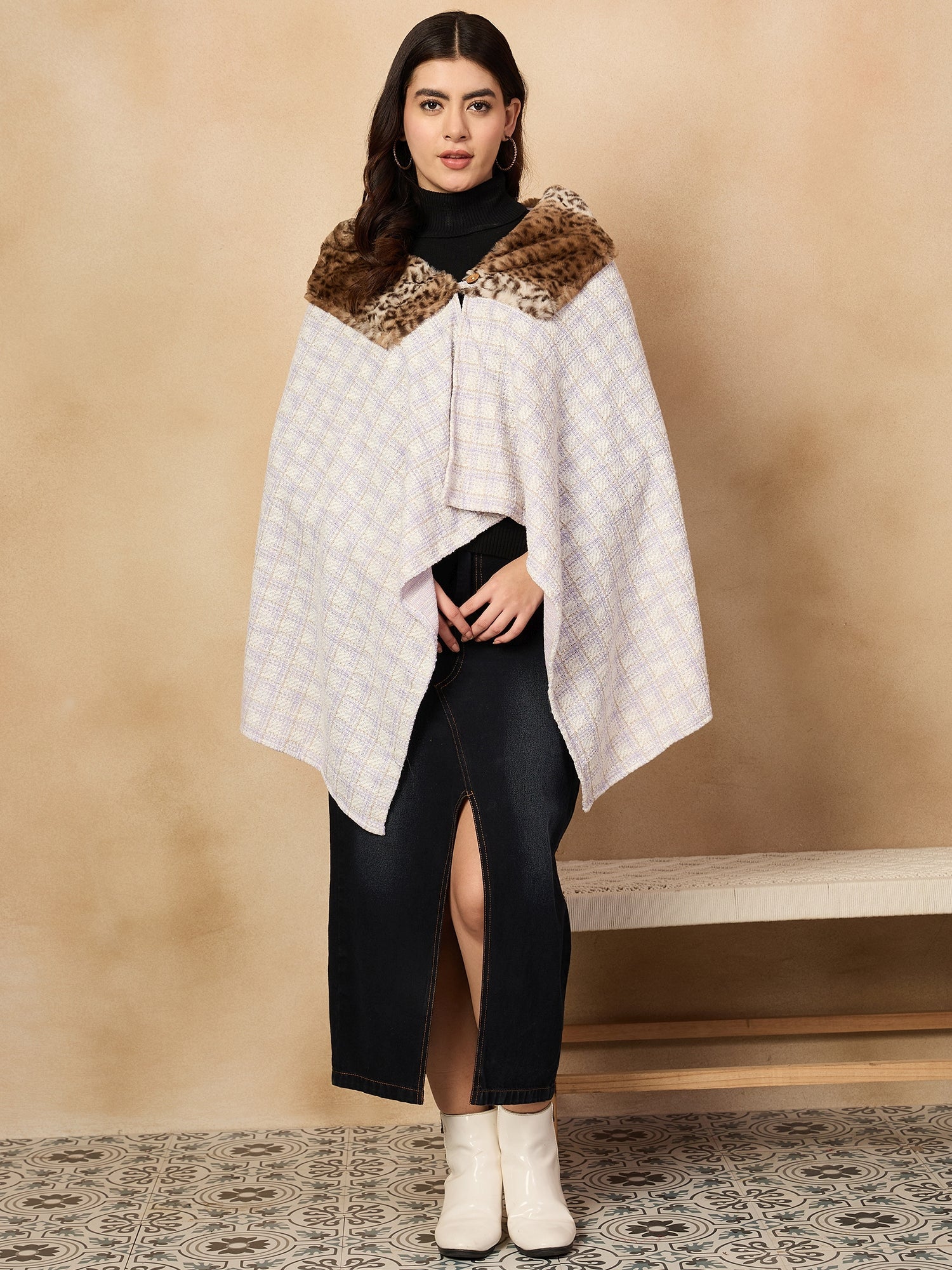 InWeave Mauve White Big Check Acrylic Fur Poncho - Distacart