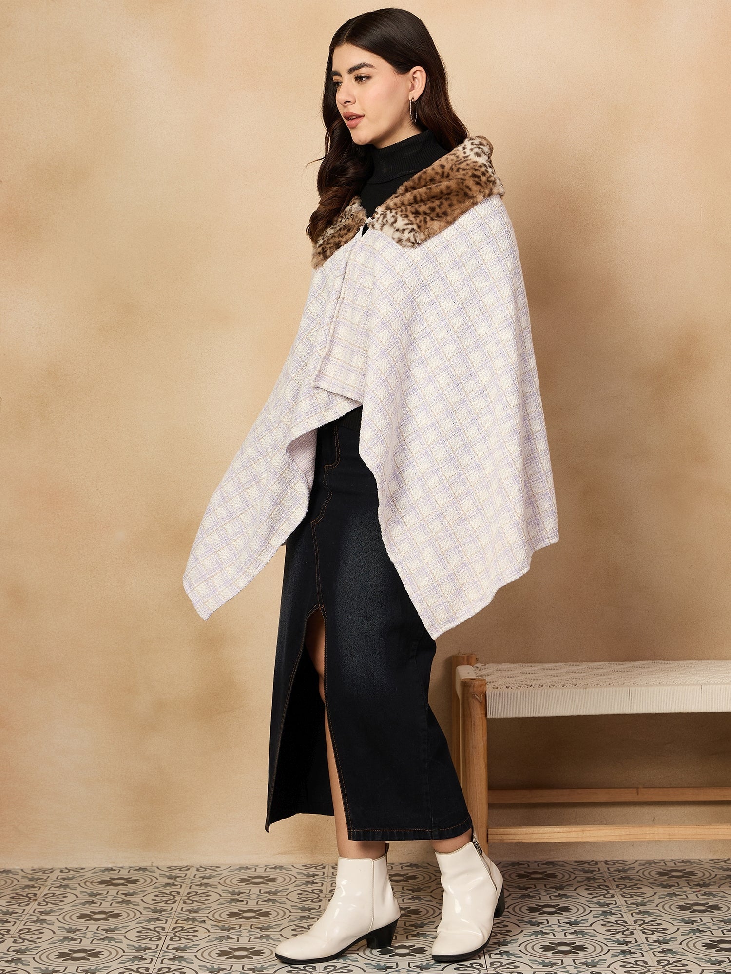 InWeave Mauve White Big Check Acrylic Fur Poncho - Distacart