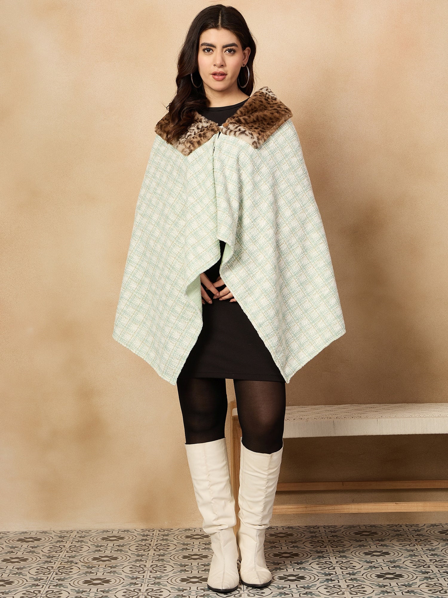 InWeave Green White Big Check Acrylic Fur Poncho - Distacart
