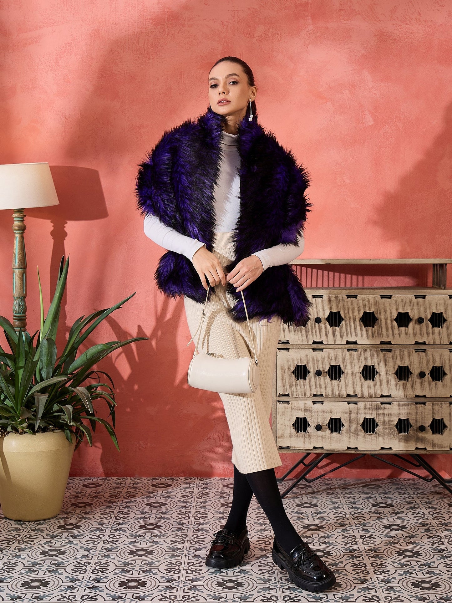 InWeave Purple Black Faux Fur Cape - Distacart